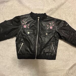 Nannette Girl Black Leather Jacket with Embroidered Flowers